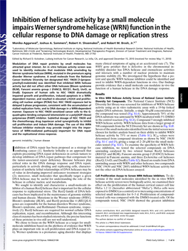Inhibition of Helicase Activity by a Small Molecule Impairs Werner Syndrome Helicase (WRN) Function in the Cellular Response to DNA Damage Or Replication Stress
