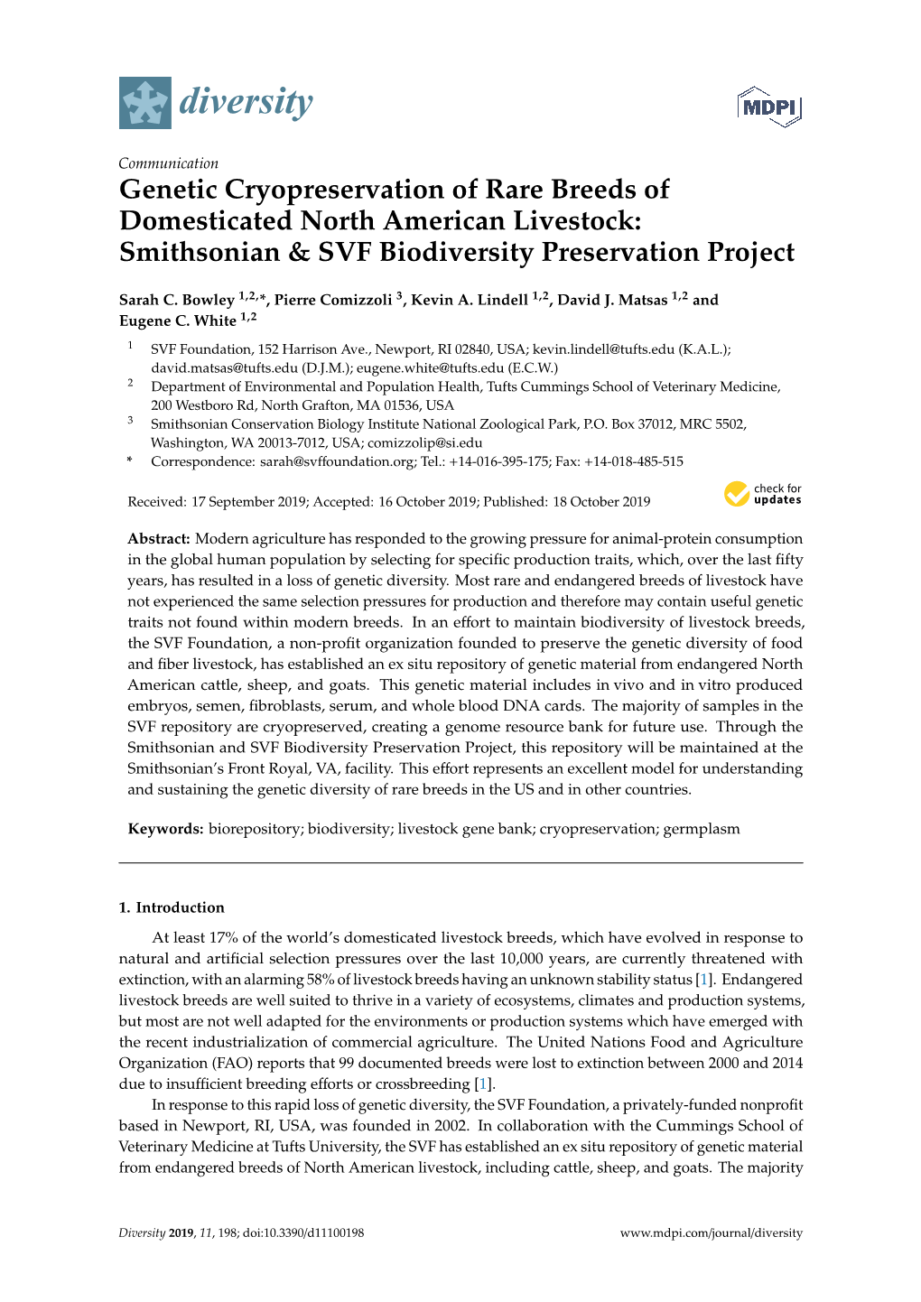 Genetic Cryopreservation of Rare Breeds of Domesticated North American Livestock: Smithsonian & SVF Biodiversity Preservatio