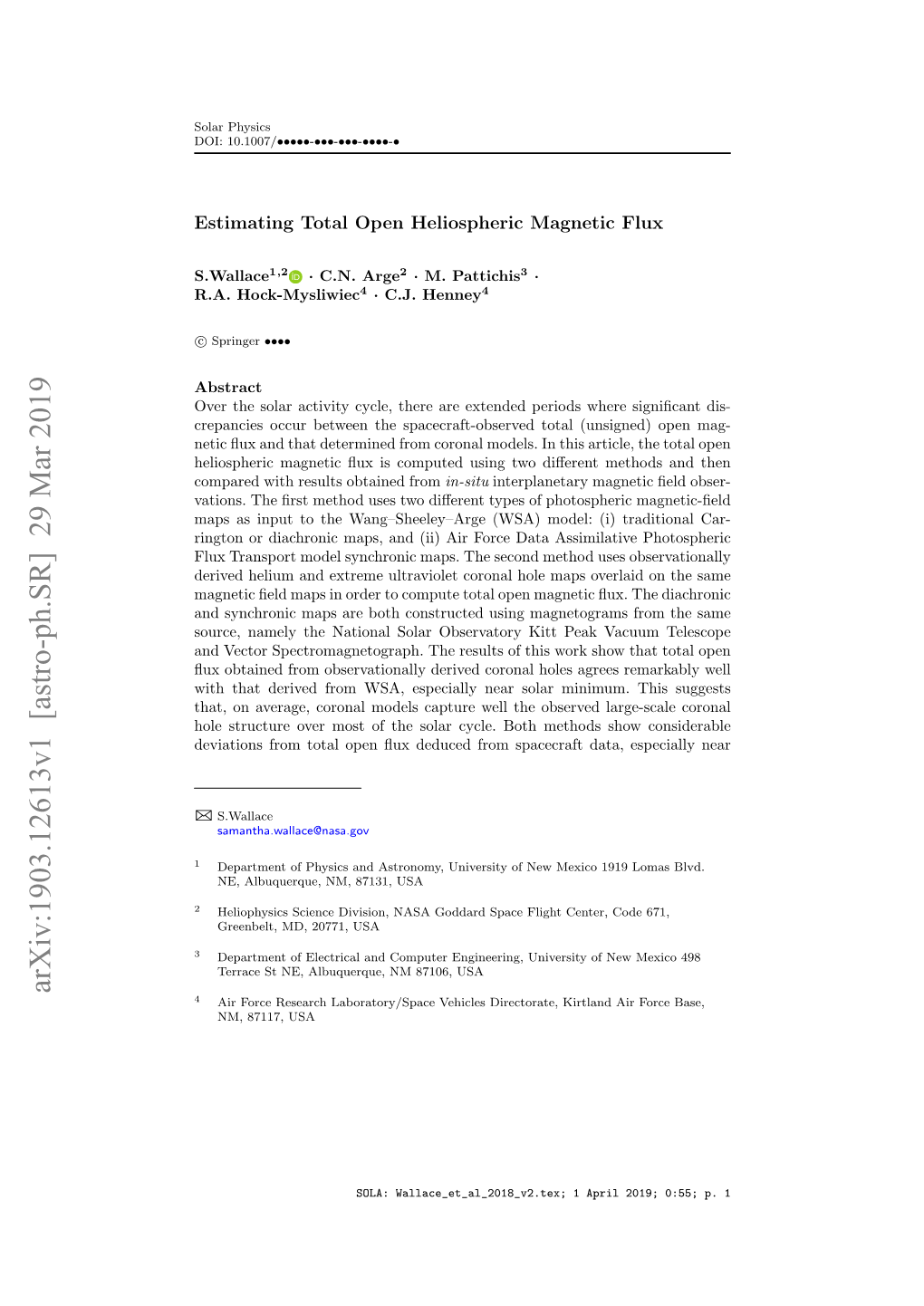 Arxiv:1903.12613V1 [Astro-Ph.SR] 29 Mar 2019 4 Air Force Research Laboratory/Space Vehicles Directorate, Kirtland Air Force Base, NM, 87117, USA