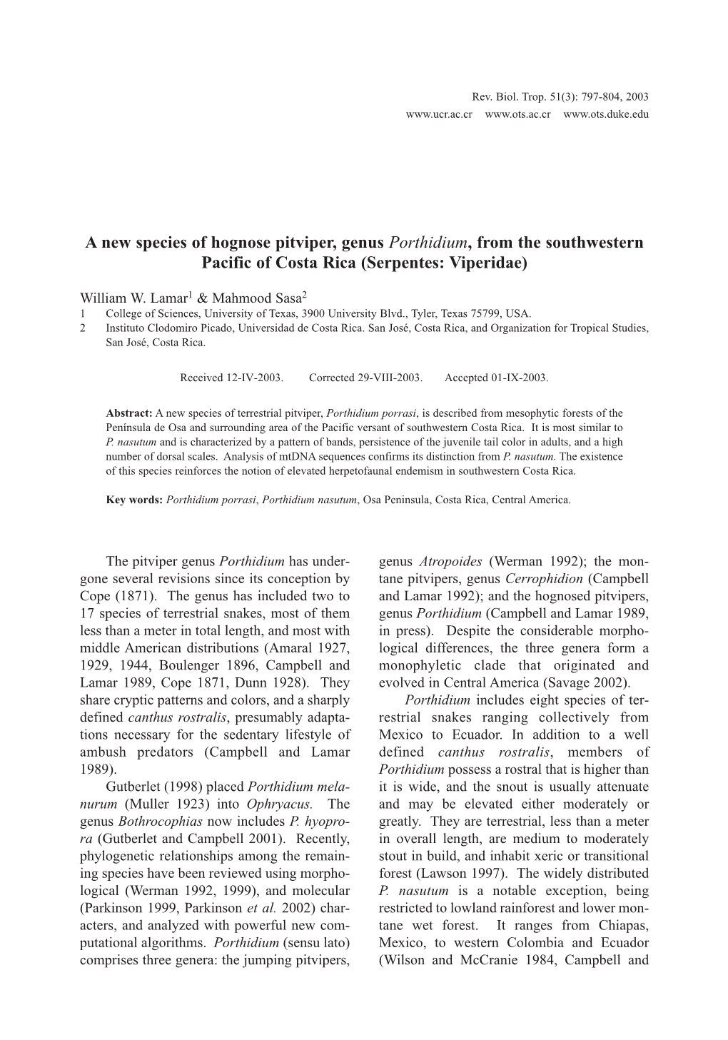 A New Species of Hognose Pitviper, Genus Porthidium, from the Southwestern Pacific of Costa Rica (Serpentes: Viperidae)