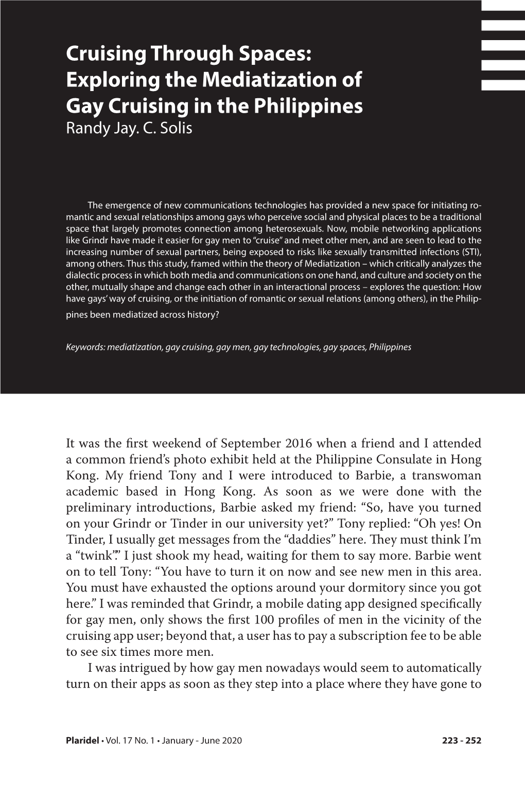 Exploring the Mediatization of Gay Cruising in the Philippines Randy Jay
