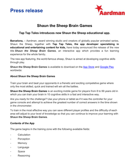 Press Release Shaun the Sheep Brain Games
