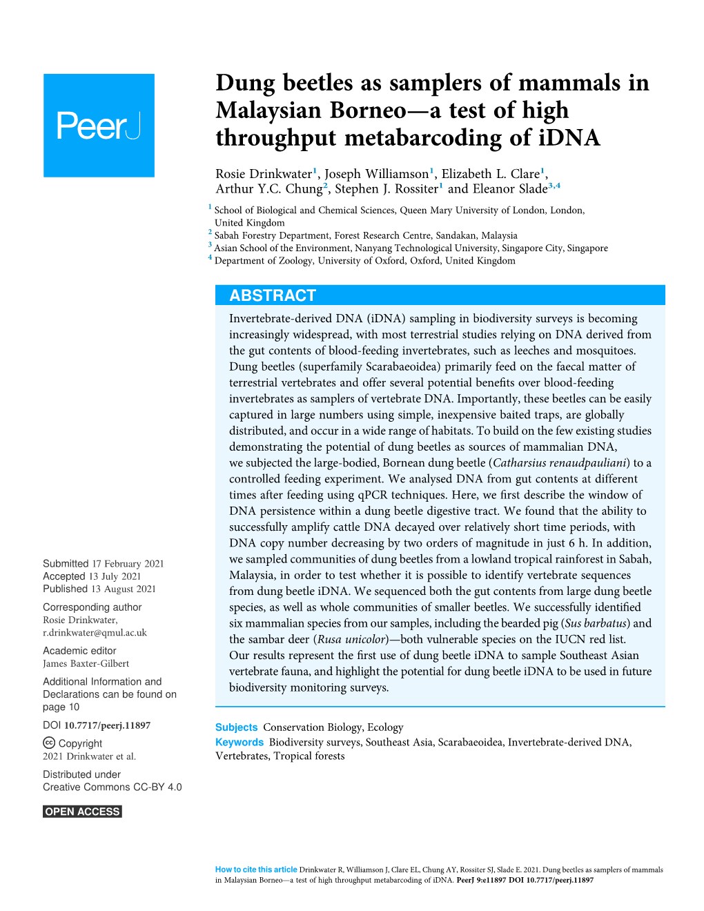 Dung Beetles As Samplers of Mammals in Malaysian Borneo—A Test of High Throughput Metabarcoding of Idna