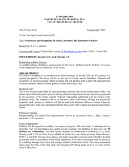 It529/2000-2001 Mainstream and Marginality: the Literature of Trieste
