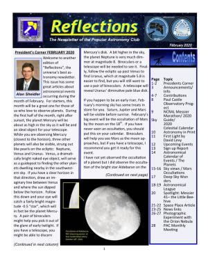 Reflectionsreflections the Newsletter of the Popular Astronomy Club February 2020 President’S Corner FEBRUARY 2020 Mercury’S Disk