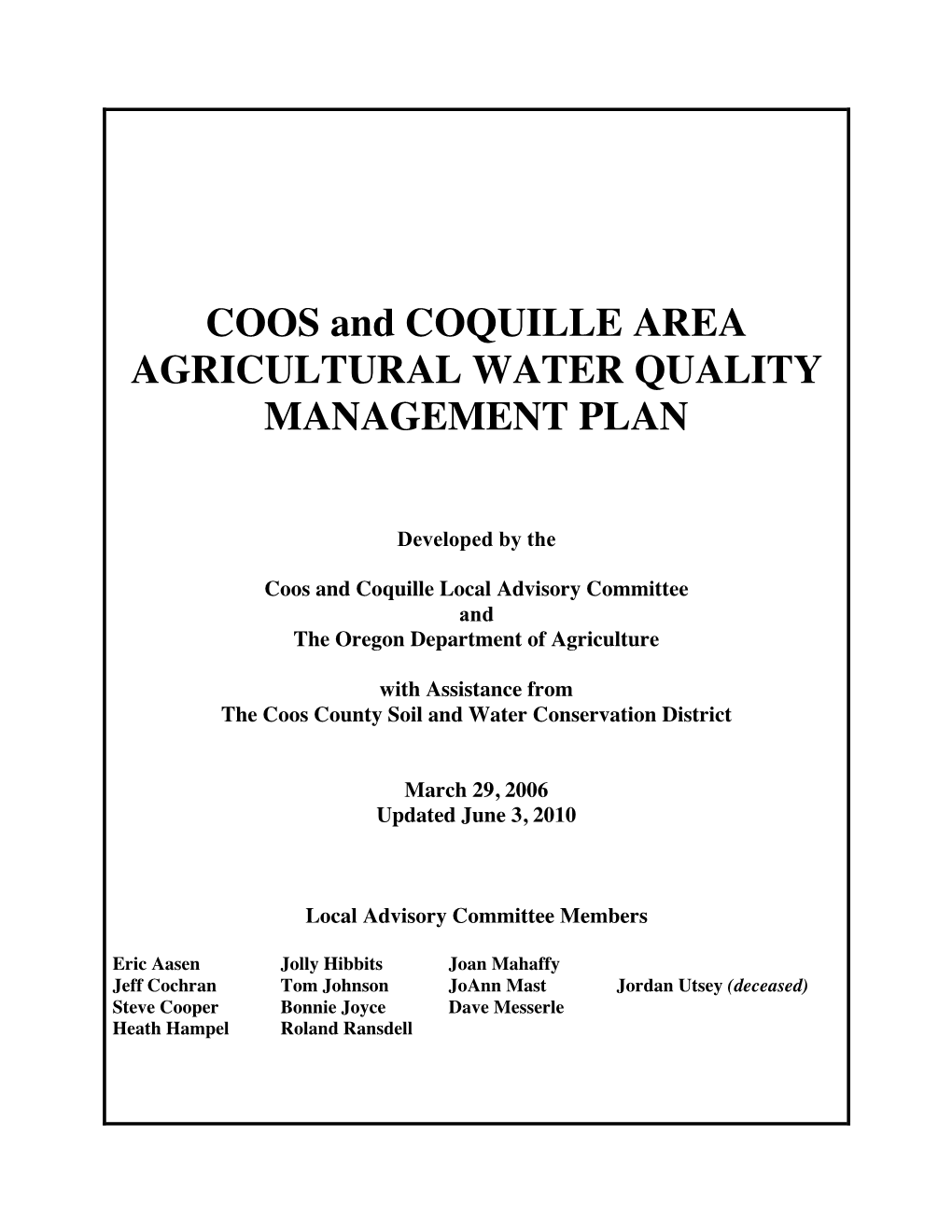 COOS and COQUILLE AREA AGRICULTURAL WATER QUALITY MANAGEMENT PLAN