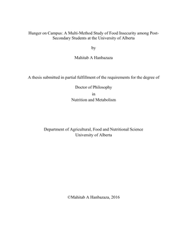 Hunger on Campus: a Multi-Method Study of Food Insecurity Among Post- Secondary Students at the University of Alberta