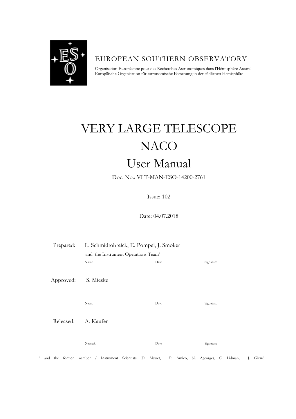 VERY LARGE TELESCOPE NACO User Manual Doc