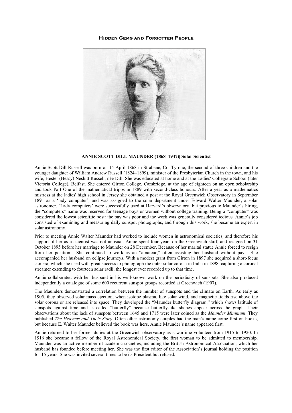 ANNIE SCOTT DILL MAUNDER (1868–1947)| Solar Scientist