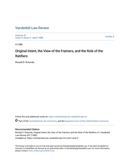 Original Intent, the View of the Framers, and the Role of the Ratifiers
