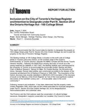 Inclusion on the City of Toronto's Heritage Register and Intention to Designate Under Part IV, Section 29 of the Ontario Heritage Act - 100 College Street