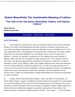 Robert Bloomfield: the Inestimable Blessing of Letters - Praxis Series - Romantic Circl