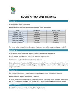 Rugby Africa 2016 Fixtures