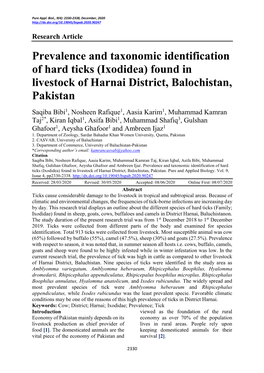 Prevalence and Taxonomic Identification of Hard Ticks (Ixodidea) Found in Livestock of Harnai District, Balochistan, Pakistan