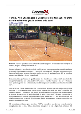 Tennis, Aon Challenger: a Genova Sei Dei Top 100