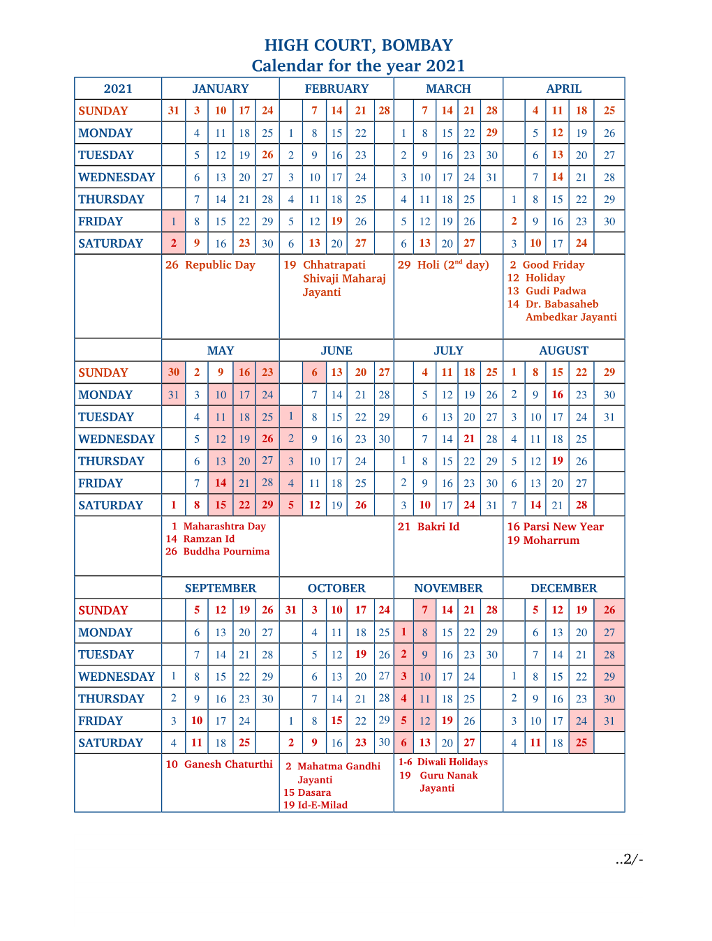 HIGH COURT, BOMBAY Calendar for the Year 2021