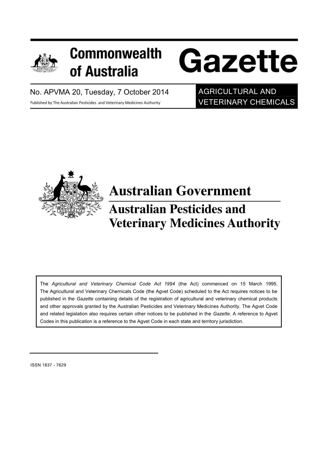 APVMA Gazette No. 20, 7 October 2014