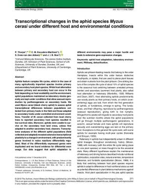 Transcriptional Changes in the Aphid Species Myzus Cerasi Under Different Host and Environmental Conditions