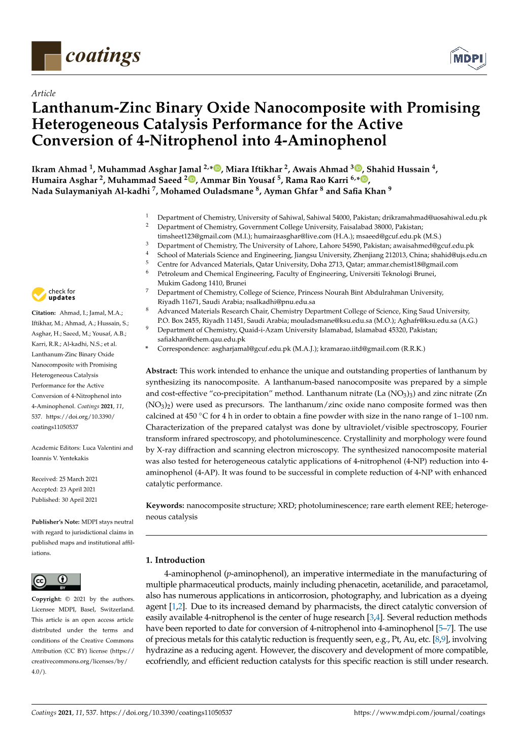 Lanthanum-Zinc Binary Oxide Nanocomposite with Promising Heterogeneous Catalysis Performance for the Active Conversion of 4-Nitrophenol Into 4-Aminophenol