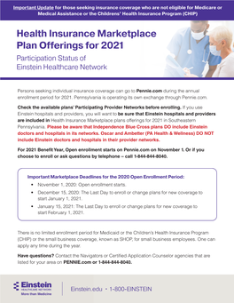 Health Insurance Marketplace Plan Offerings for 2021 Participation Status of Einstein Healthcare Network