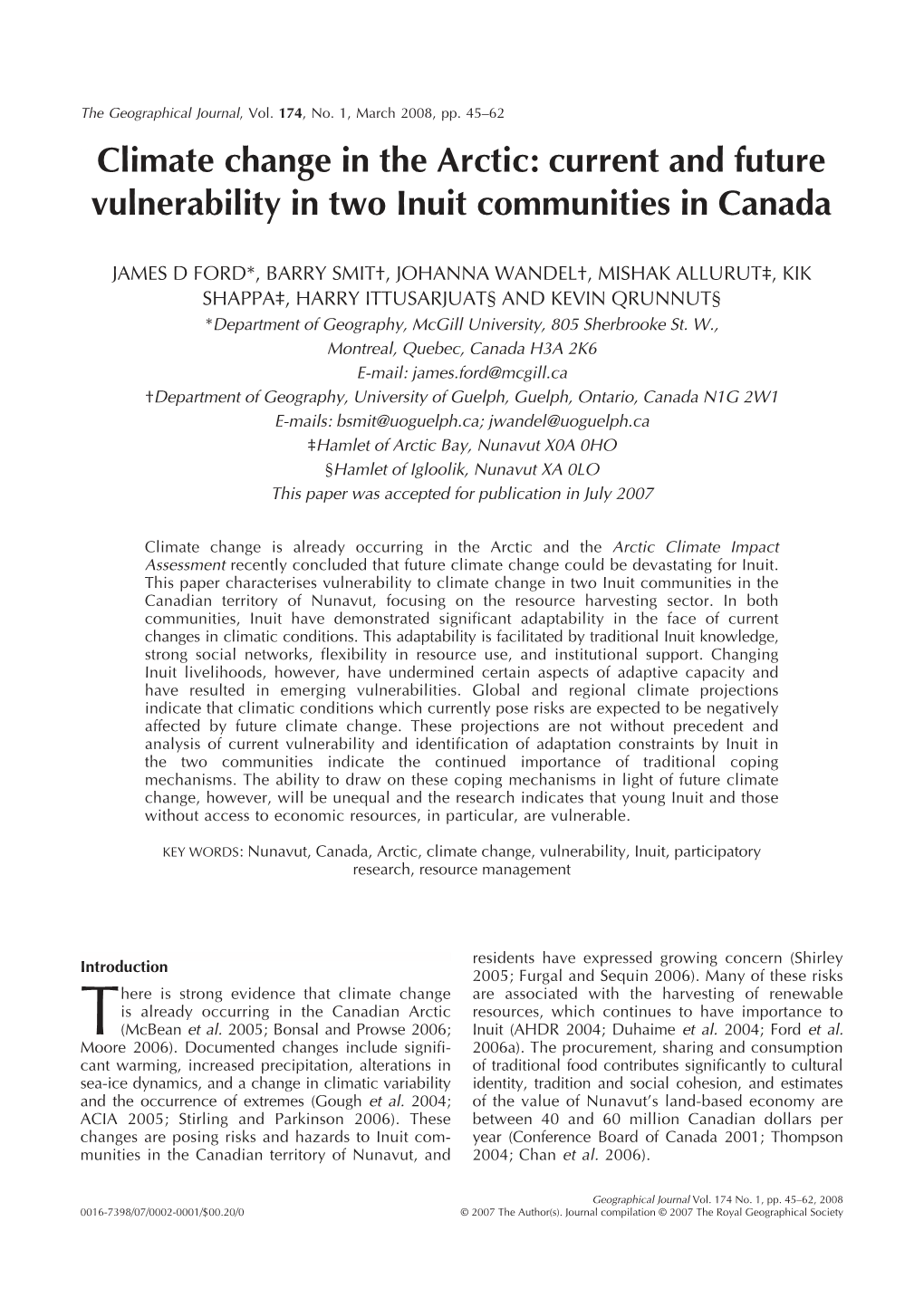 Climate Change in the Arctic: Current and Future Vulnerability in Two Inuit