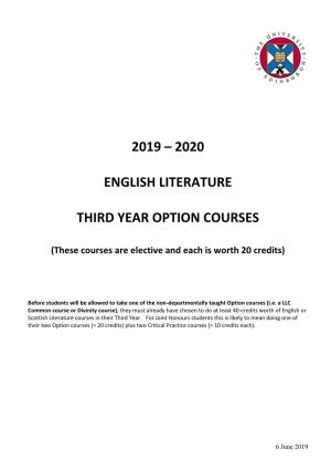 2019 – 2020 English Literature Third Year Option Courses