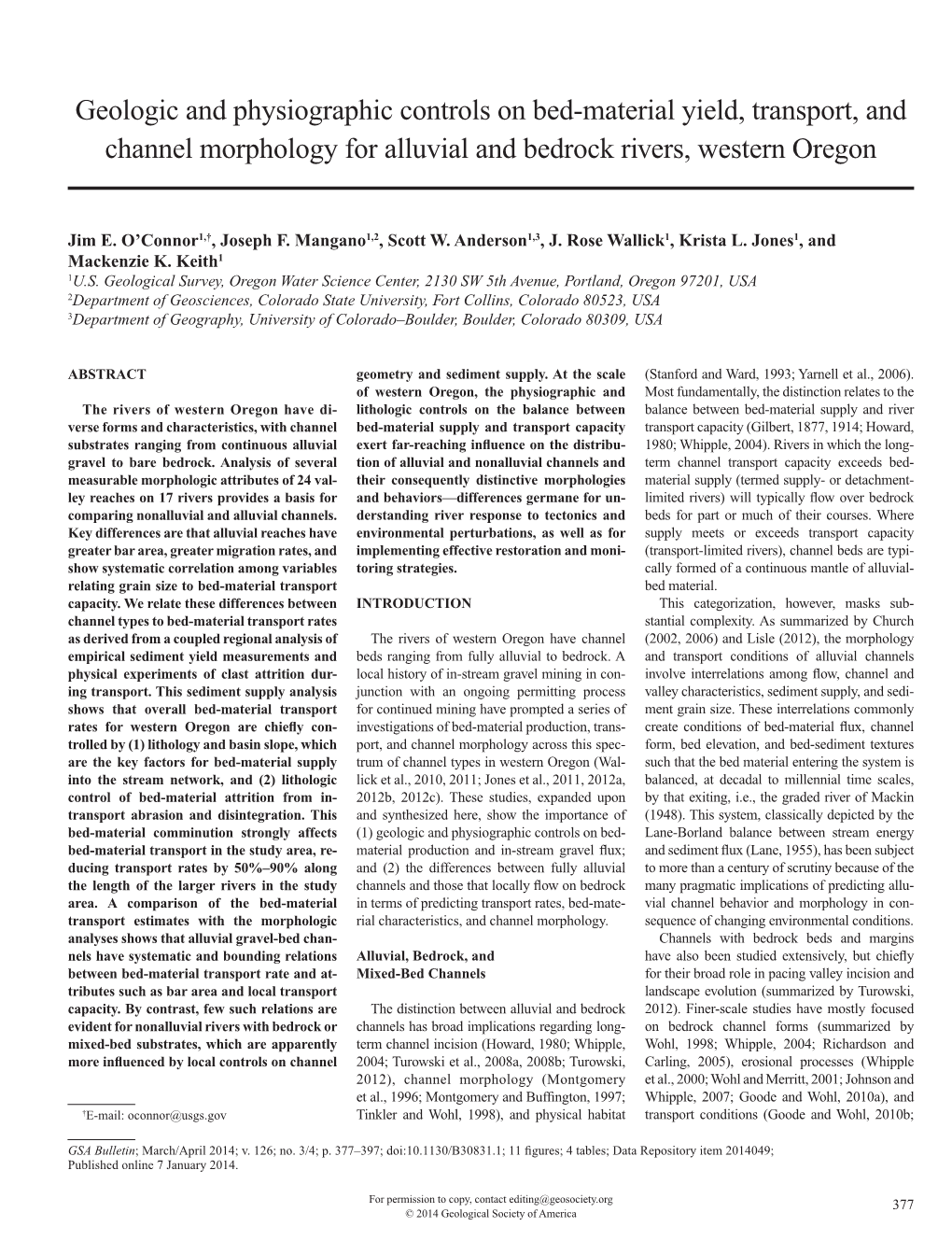 Geologic and Physiographic Controls on Bed-Material Yield, Transport, and Channel Morphology for Alluvial and Bedrock Rivers, Western Oregon