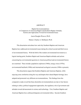 A Comparison of American Baptist and Southern Baptist Attitudes, Actions and Approaches Toward Environmental Issues