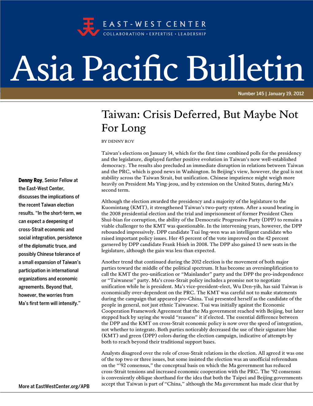 Taiwan: Crisis Deferred, but Maybe Not for Long