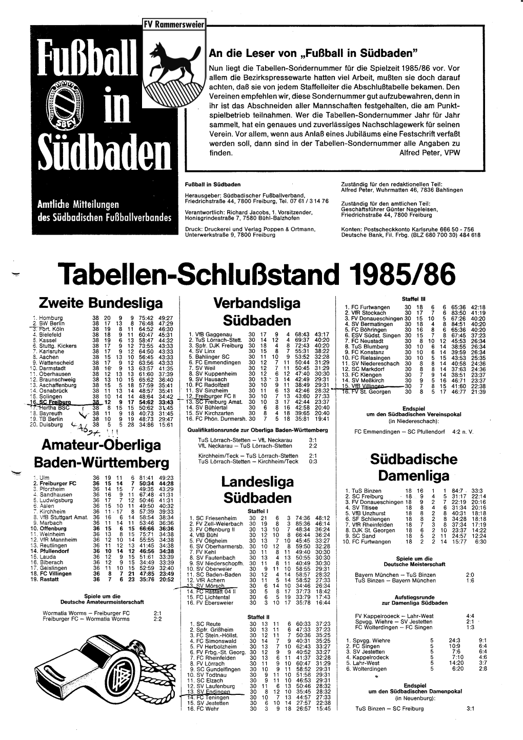 Abschlusstabellen SBFV 1985/86