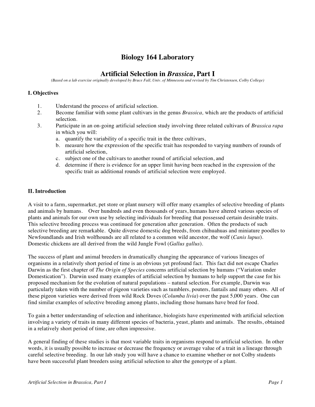 Biology 164 Laboratory Artificial Selection In