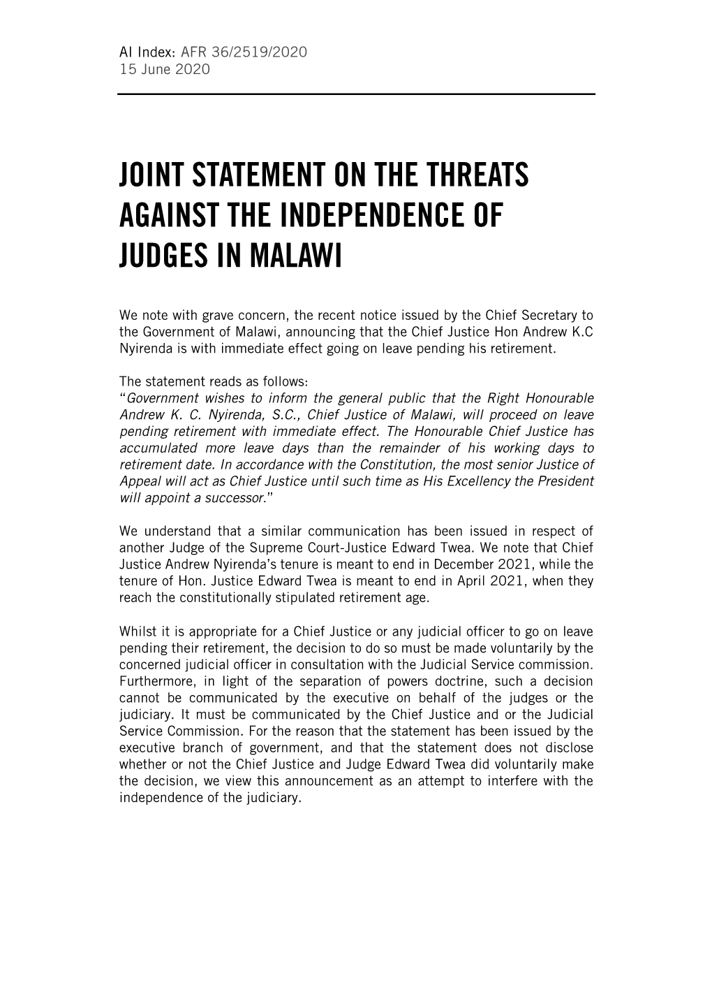Joint Statement on the Threats Against the Independence of Judges in Malawi