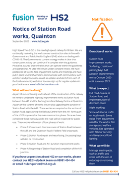 Notice of Station Road Works, Quainton September 2020 |