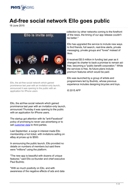 Ad-Free Social Network Ello Goes Public 18 June 2015