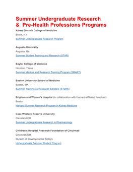 Summer Undergraduate Research & Pre-Health Professions Programs