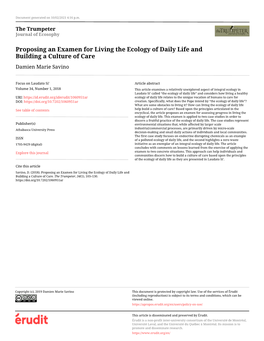 Proposing an Examen for Living the Ecology of Daily Life and Building a Culture of Care Damien Marie Savino
