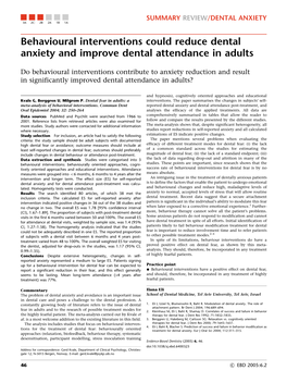 Behavioural Interventions Could Reduce Dental Anxiety and Improve Dental Attendance in Adults