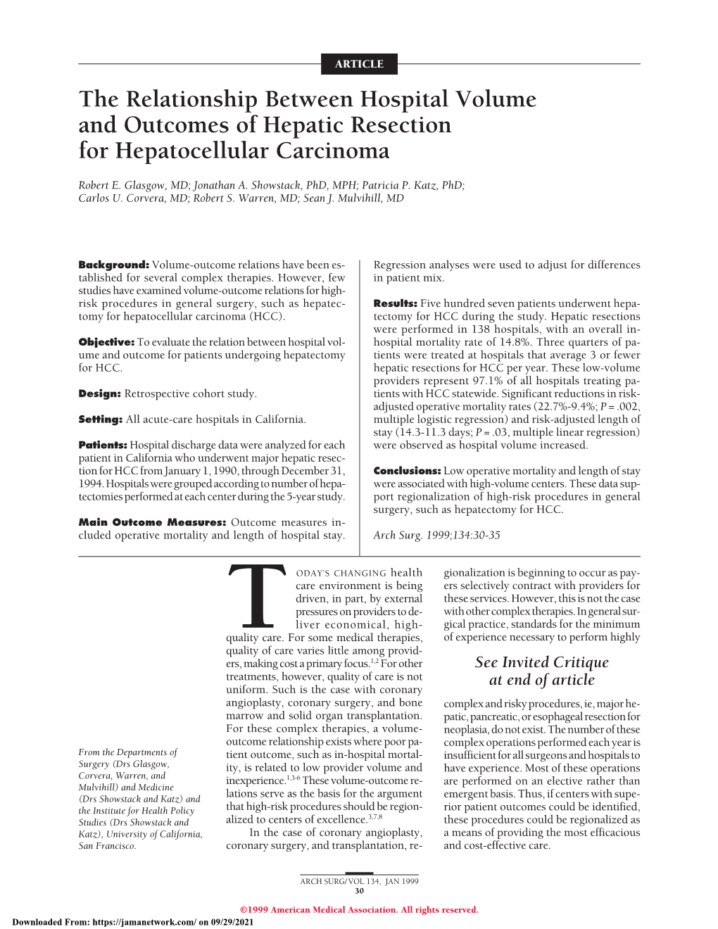 The Relationship Between Hospital Volume and Outcomes of Hepatic Resection for Hepatocellular Carcinoma