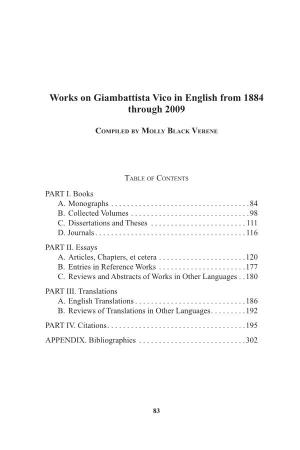 Works on Giambattista Vico in English from 1884 Through 2009