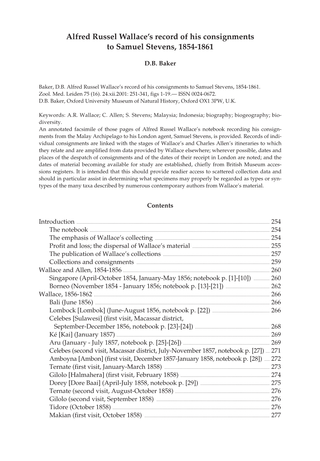 Alfred Russel Wallace's Record of His Consignments To