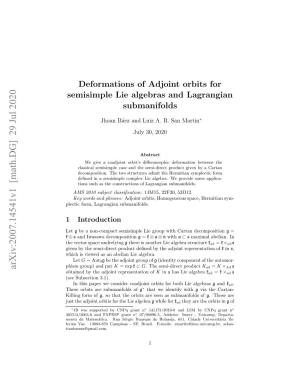 Deformations of Adjoint Orbits for Semisimple Lie Algebras and Lagrangian Submanifolds