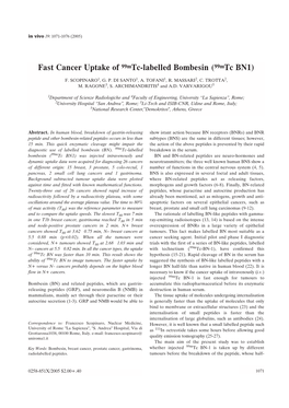 Fast Cancer Uptake of 99Mtc-Labelled Bombesin (99Mtc BN1)