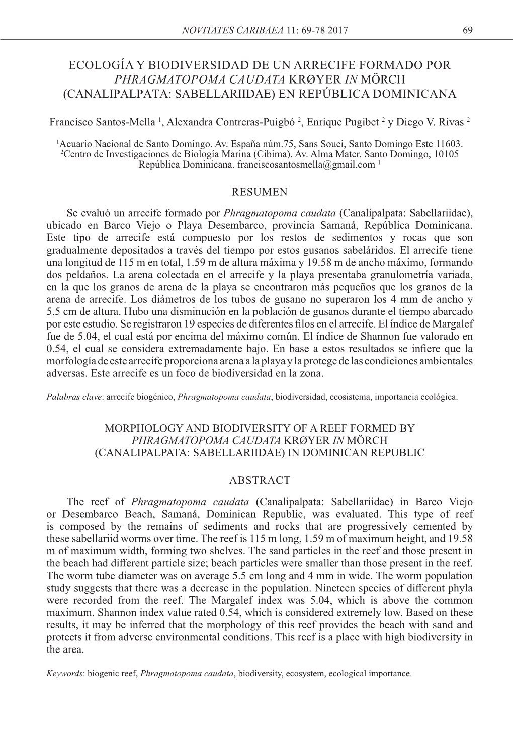 Ecología Y Biodiversidad De Un Arrecife Formado Por Phragmatopoma Caudata Krøyer in Mörch (Canalipalpata: Sabellariidae) En República Dominicana