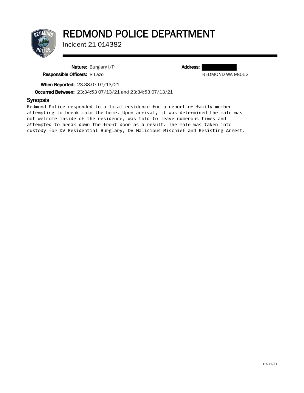 REDMOND POLICE DEPARTMENT Incident 21-014382