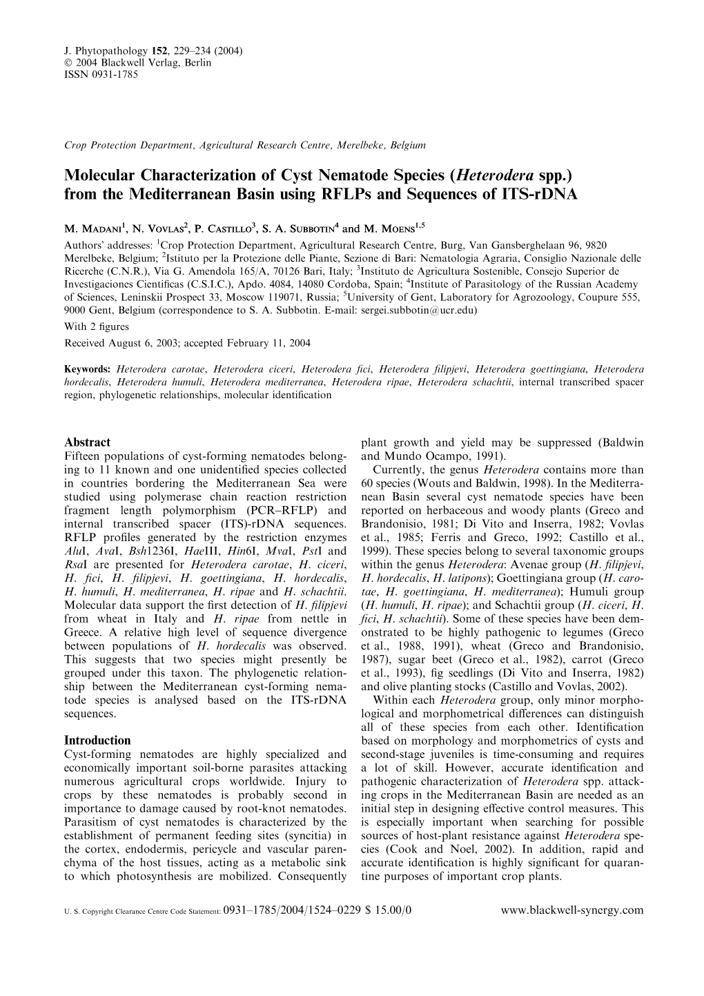 Molecular Characterization of Cyst Nematode Species (Heterodera Spp.) from the Mediterranean Basin Using Rflps and Sequences of ITS-Rdna