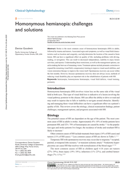 Homonymous Hemianopia Open Access to Scientific and Medical Research DOI