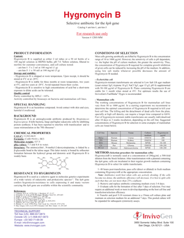 Hygromycin B Selective Antibiotic for the Hph Gene Catalog # Ant-Hm-1, Ant-Hm-5 for Research Use Only Version # 12I05-MM