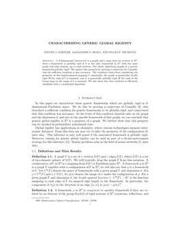 CHARACTERIZING GENERIC GLOBAL RIGIDITY 1. Introduction In