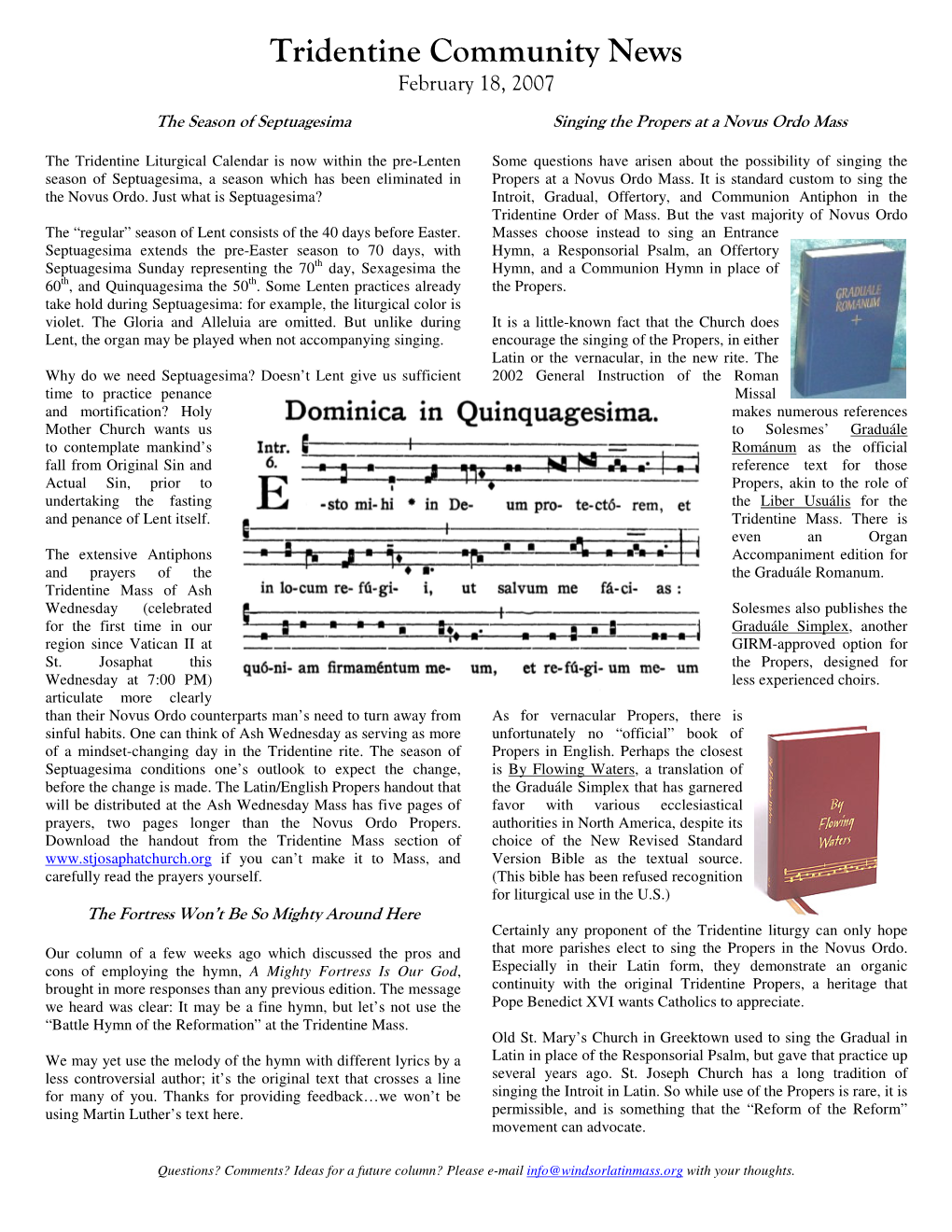 Tridentine Community News February 18, 2007