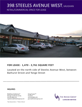 398 Steeles Avenue West, Vaughan Retail/Commercial Space for Lease